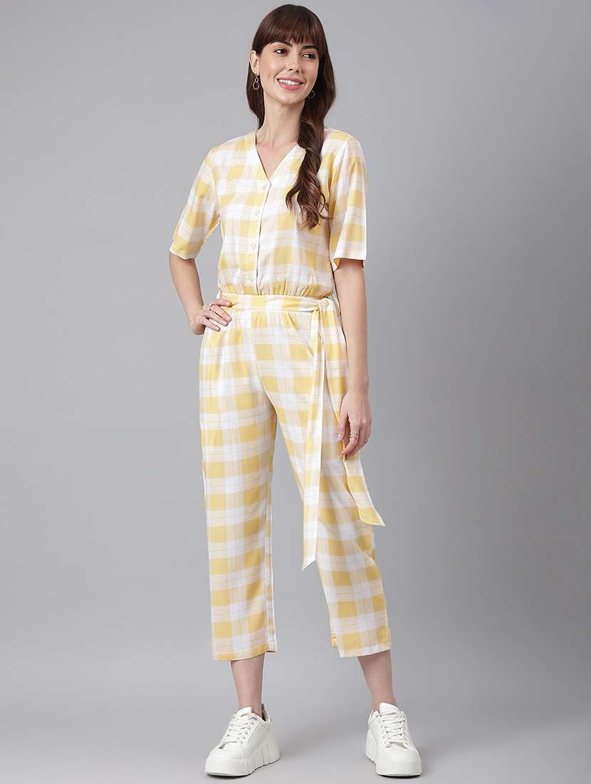 women yellow checks full leg jumpsuit