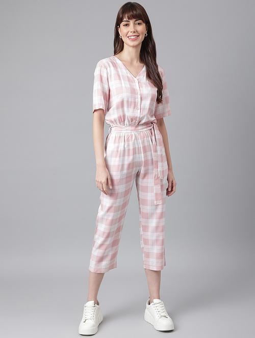women pink checks full leg jumpsuit - 21016729 - Standard Image - 0