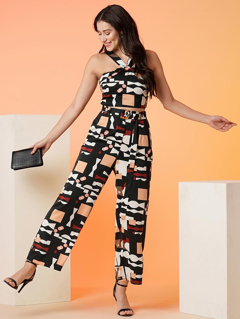 black polyester top and trouser co-ord set 
