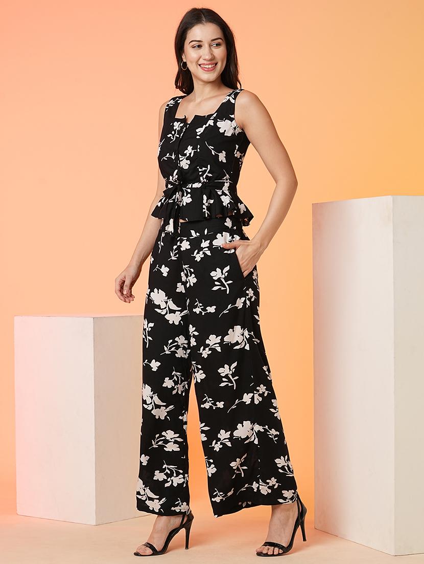 globus women black square neck allover floral print tie-up peplum crop top & palazzos co-ord set - 21016987 - Standard Image - 1
