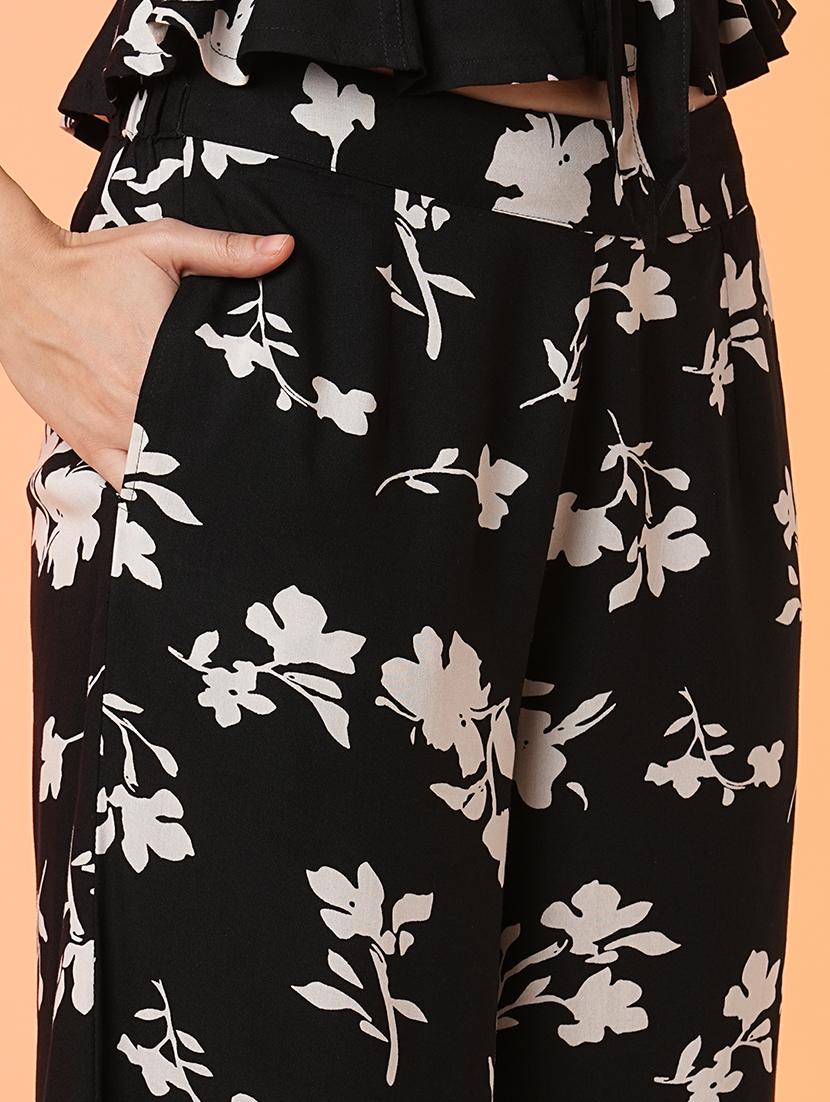 globus women black square neck allover floral print tie-up peplum crop top & palazzos co-ord set - 21016987 - Standard Image - 4