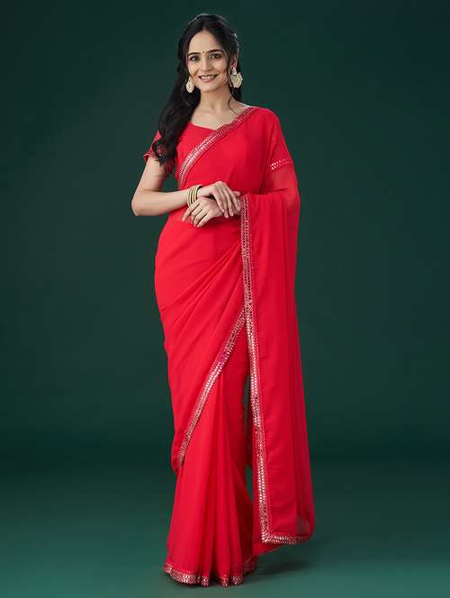 red embroidered saree with blouse - 21017069 - Standard Image - 0