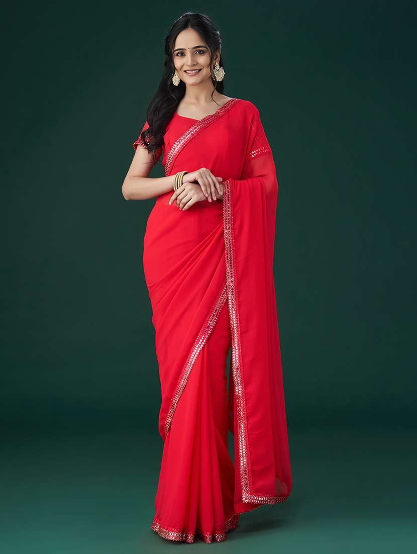 red embroidered saree with blouse - 21017069 - Zoom Image - 0