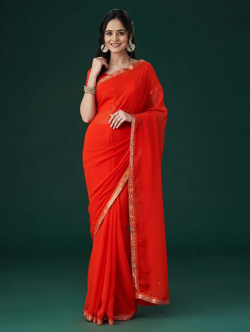 orange georgette embroidered saree with blouse