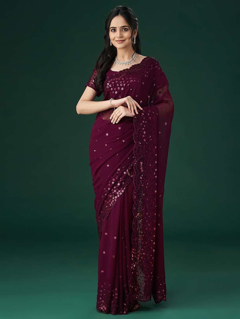 burgundy georgette embellished saree with blouse