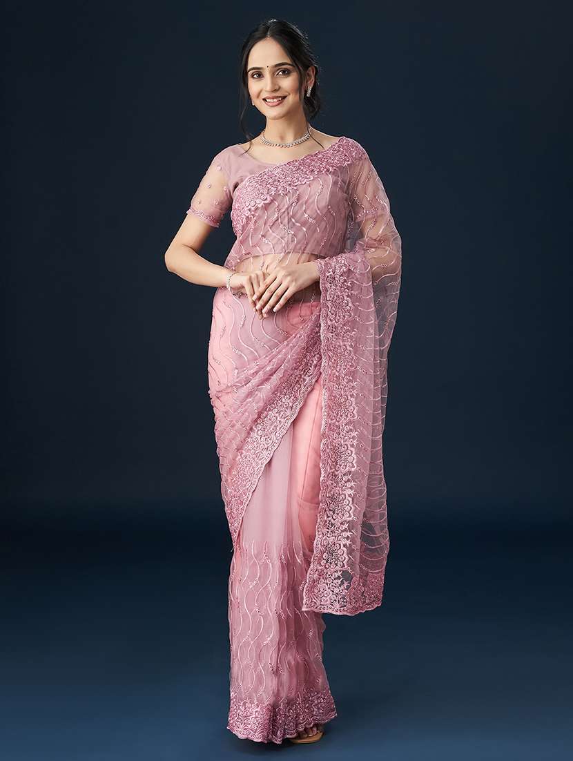 peach embroidered saree with blouse
