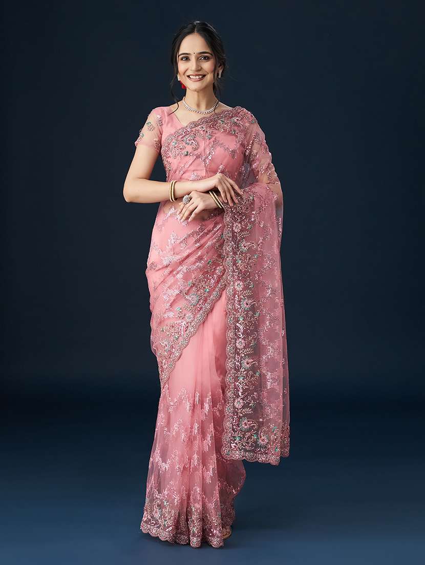 pink net embellished saree with blouse