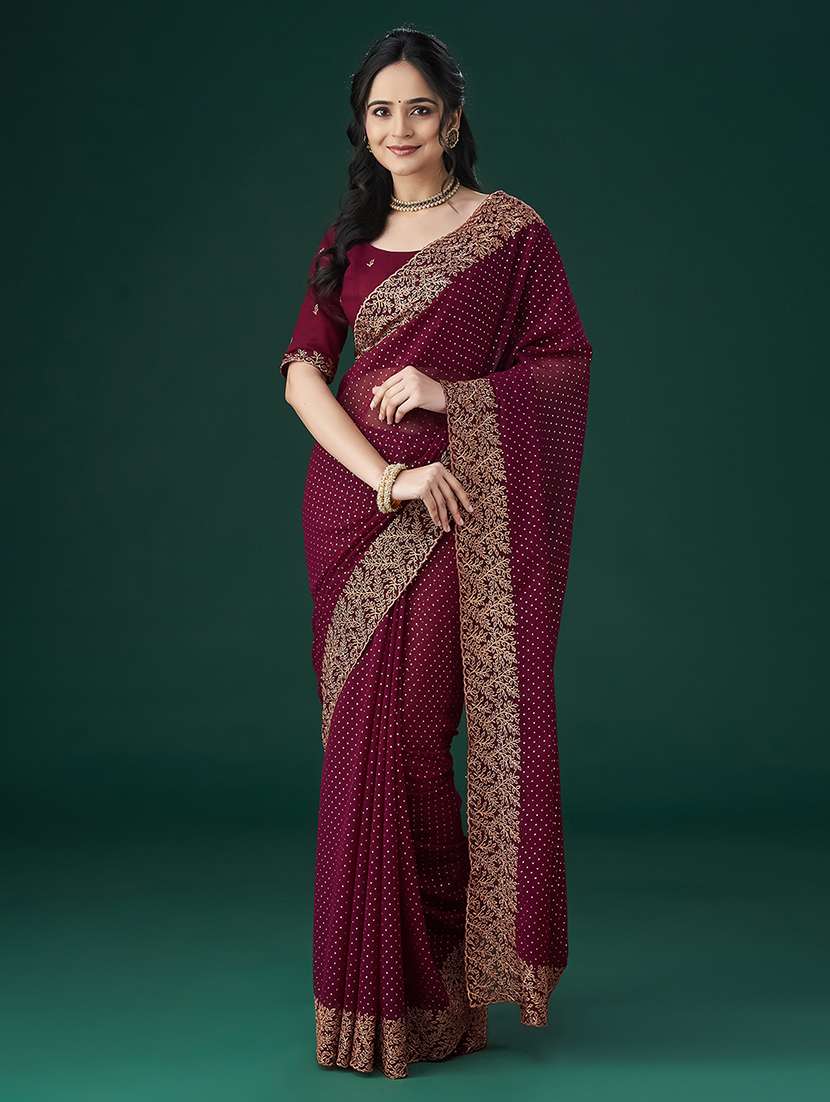 burgundy georgette embroidered saree with blouse