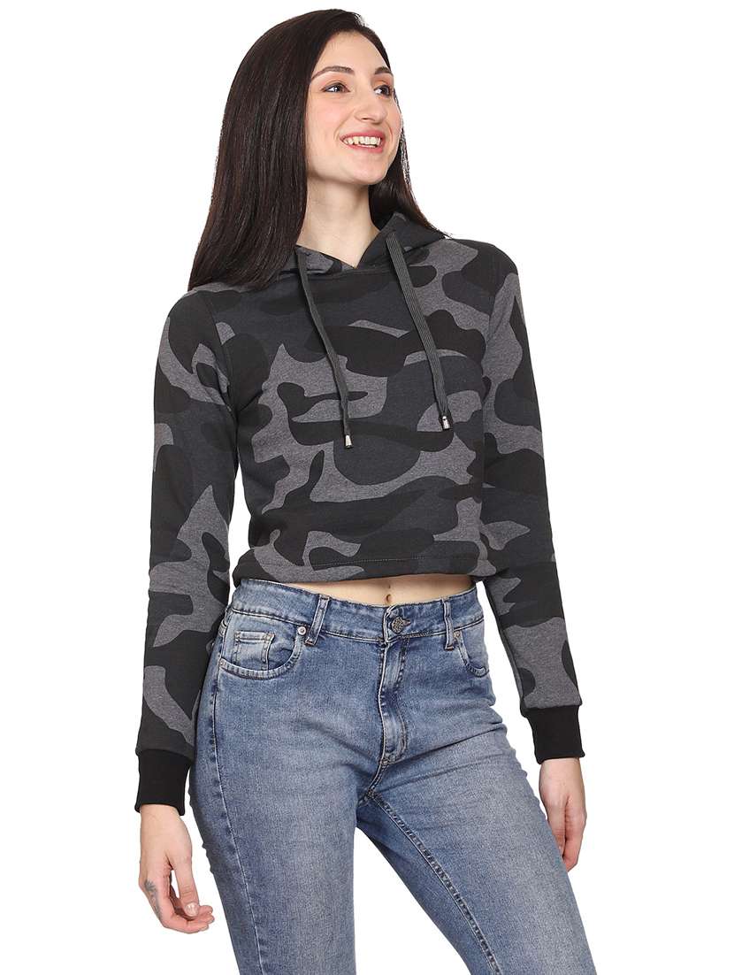 grey printed casual crop hooded sweatshirt - 21017380 - Standard Image - 1