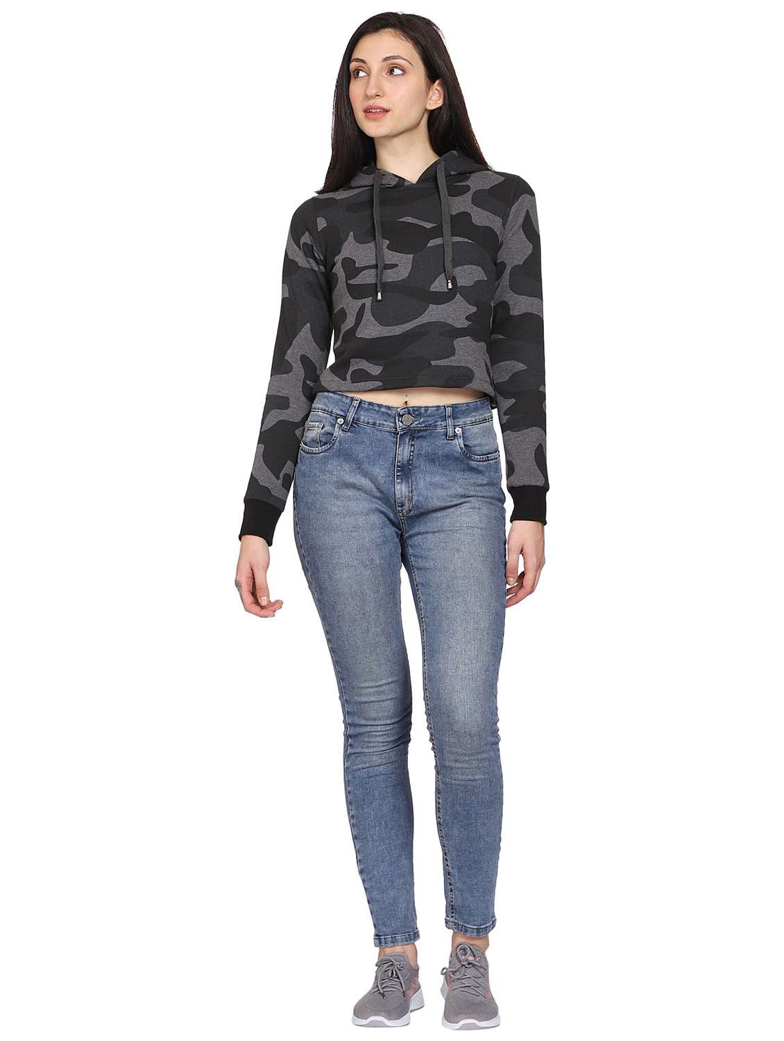 grey printed casual crop hooded sweatshirt - 21017380 - Standard Image - 4