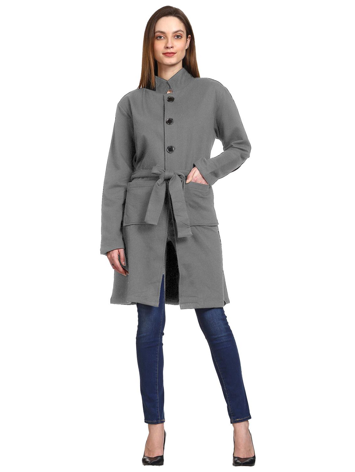 women solid stand collar long coat - 21017482 - Standard Image - 1
