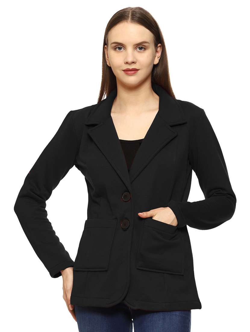 women solid lapel collar long sleeves coat