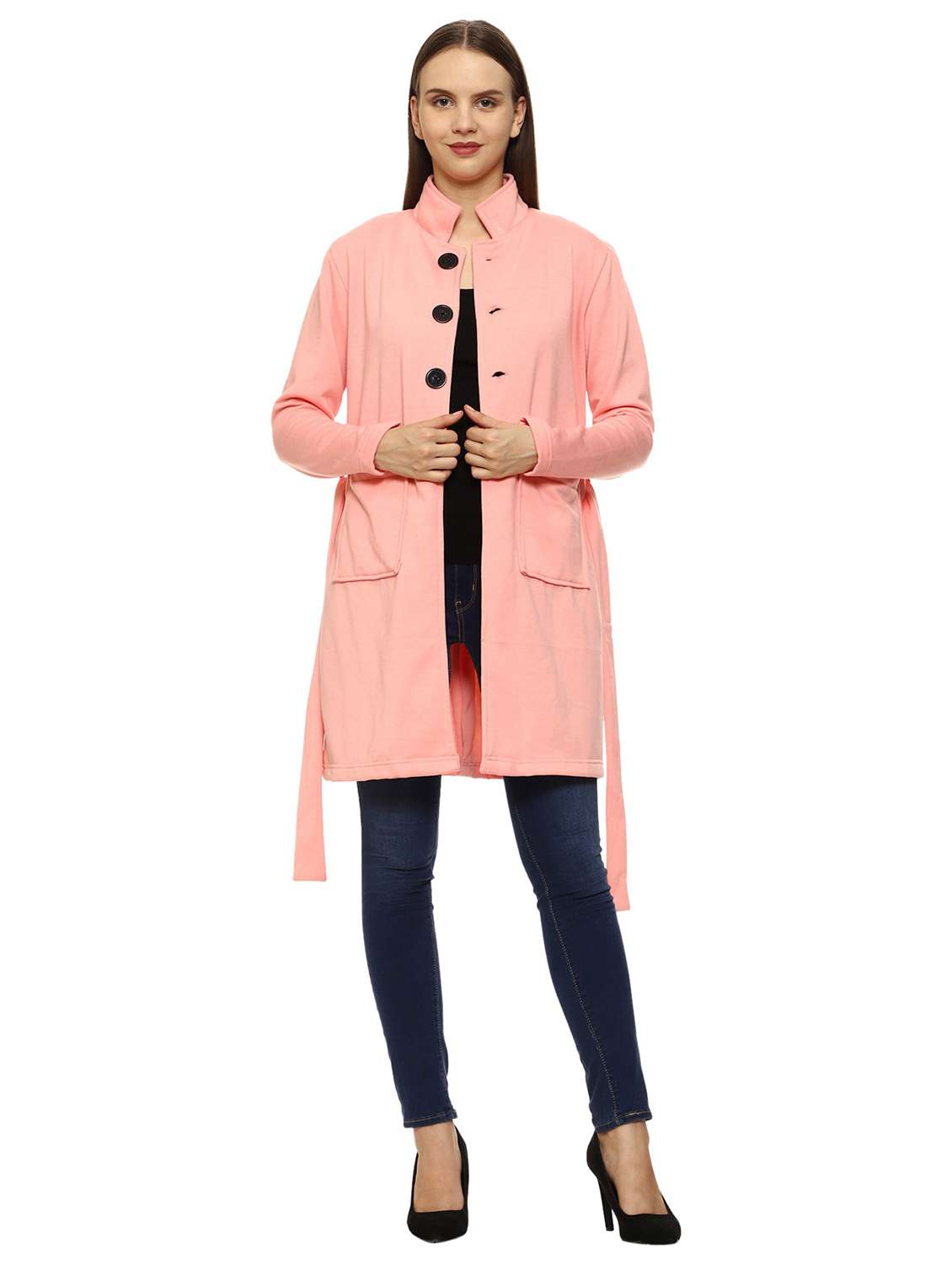 women solid stand collar long coat - 21017490 -  Standard Image - 1