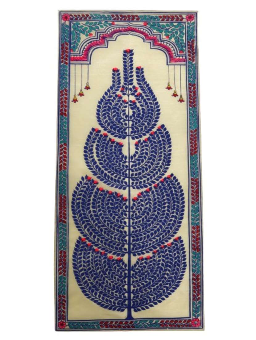 palak saxena designing blue leaf hanging pattachitra art work on tussar silk for home and office decoration painting wall decor