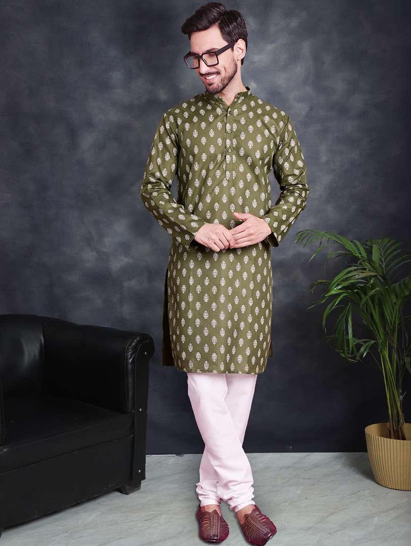 olive green cotton kurta churidar ethnic wear set