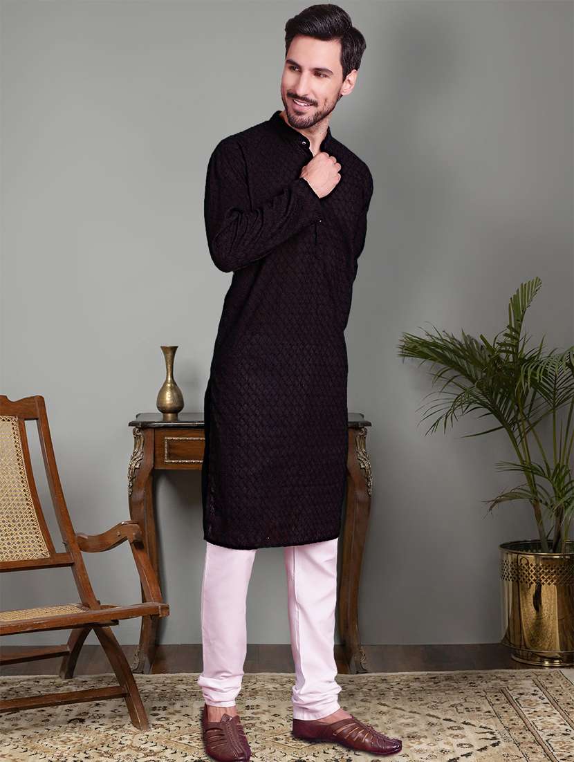 black cotton kurta churidar ethnic wear set - 21018205 -  Standard Image - 1