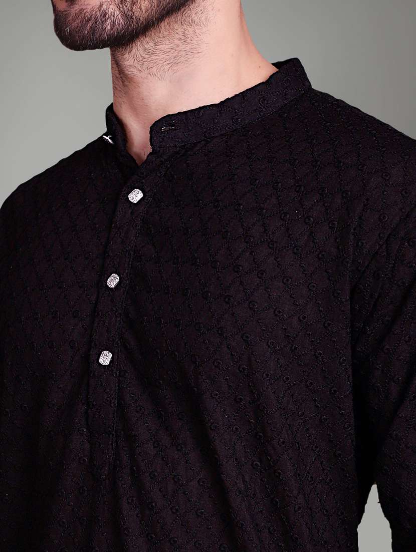 black cotton kurta churidar ethnic wear set - 21018205 -  Standard Image - 4