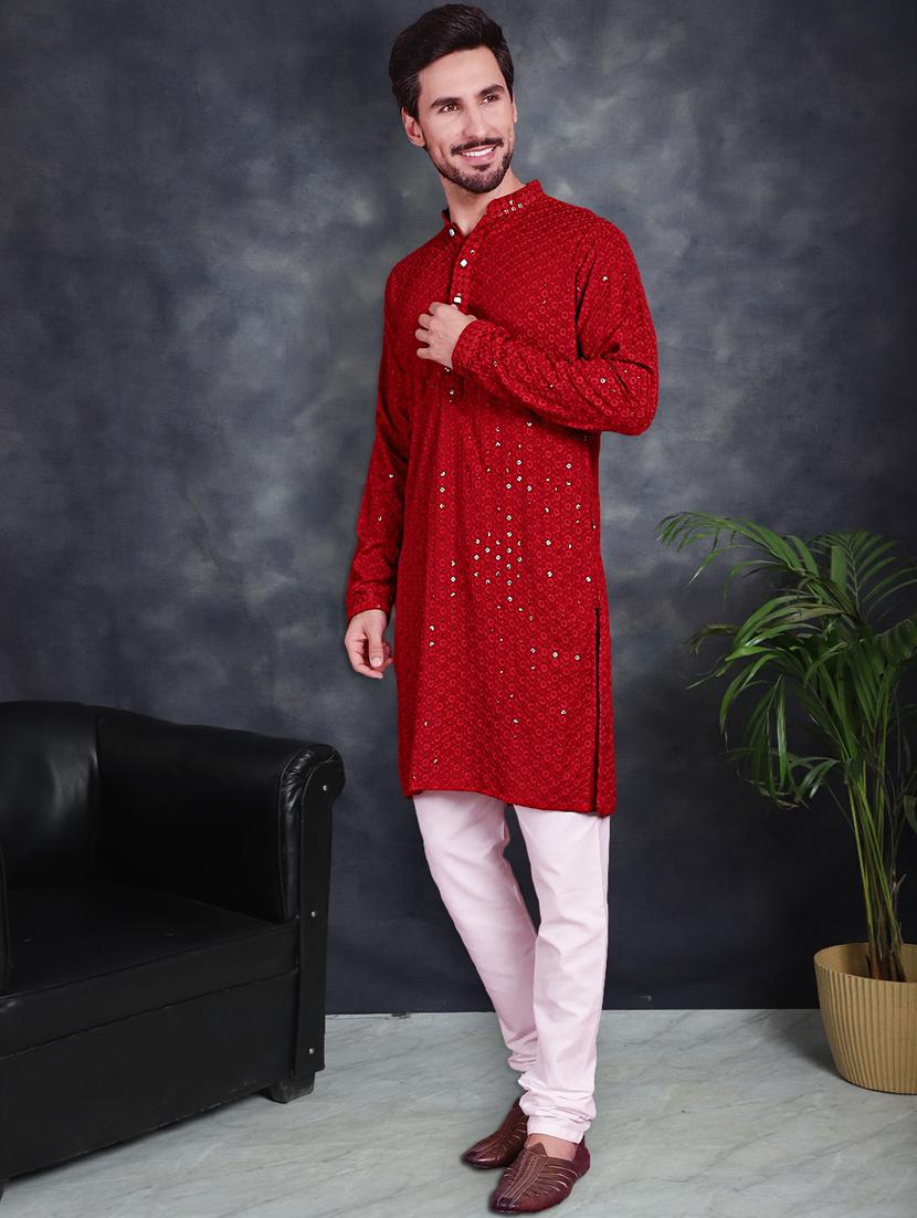 red cotton kurta churidar ethnic wear set - 21018229 - Standard Image - 1