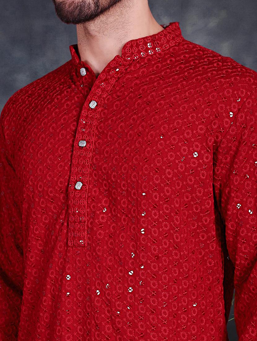red cotton kurta churidar ethnic wear set - 21018229 - Standard Image - 4
