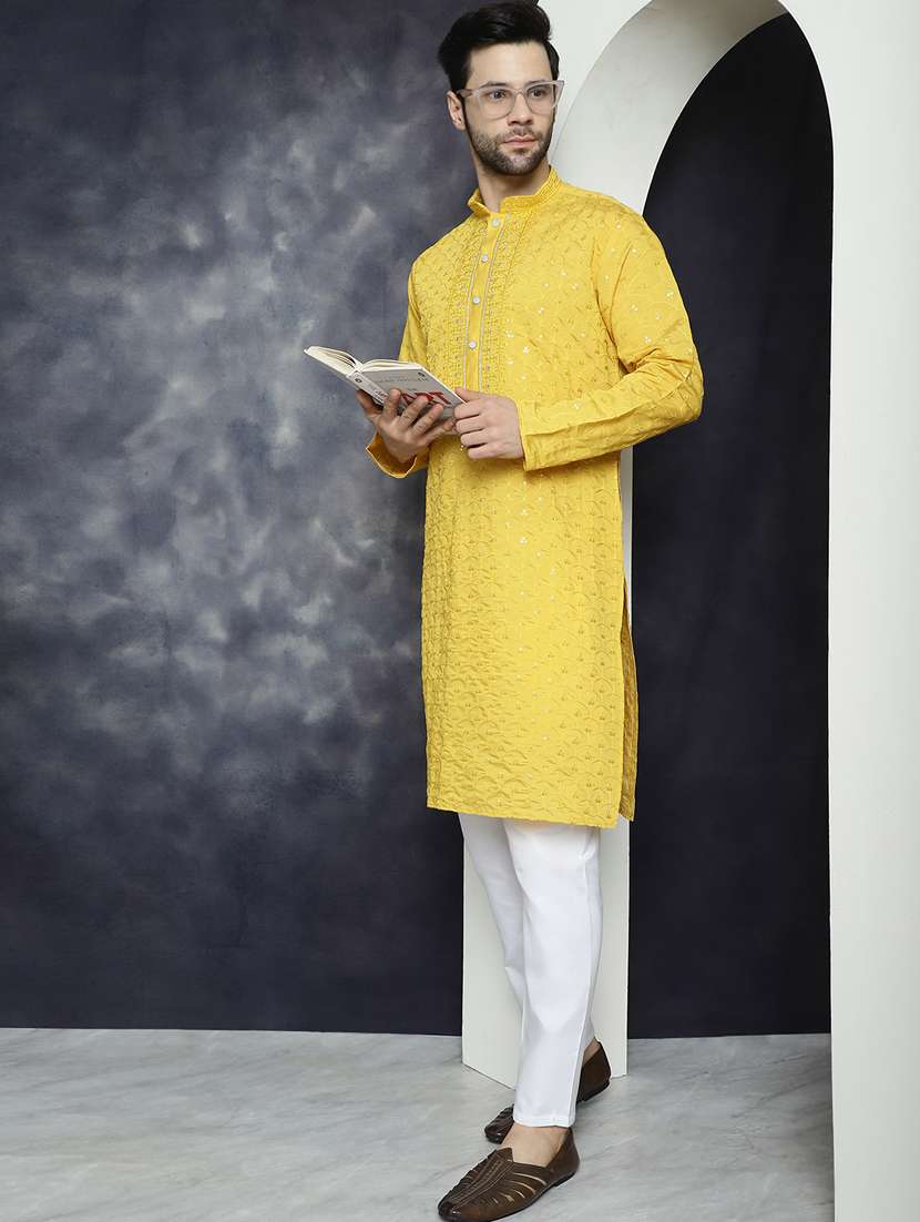 mustard silk blend kurta churidar ethnic wear set - 21018268 - Standard Image - 1
