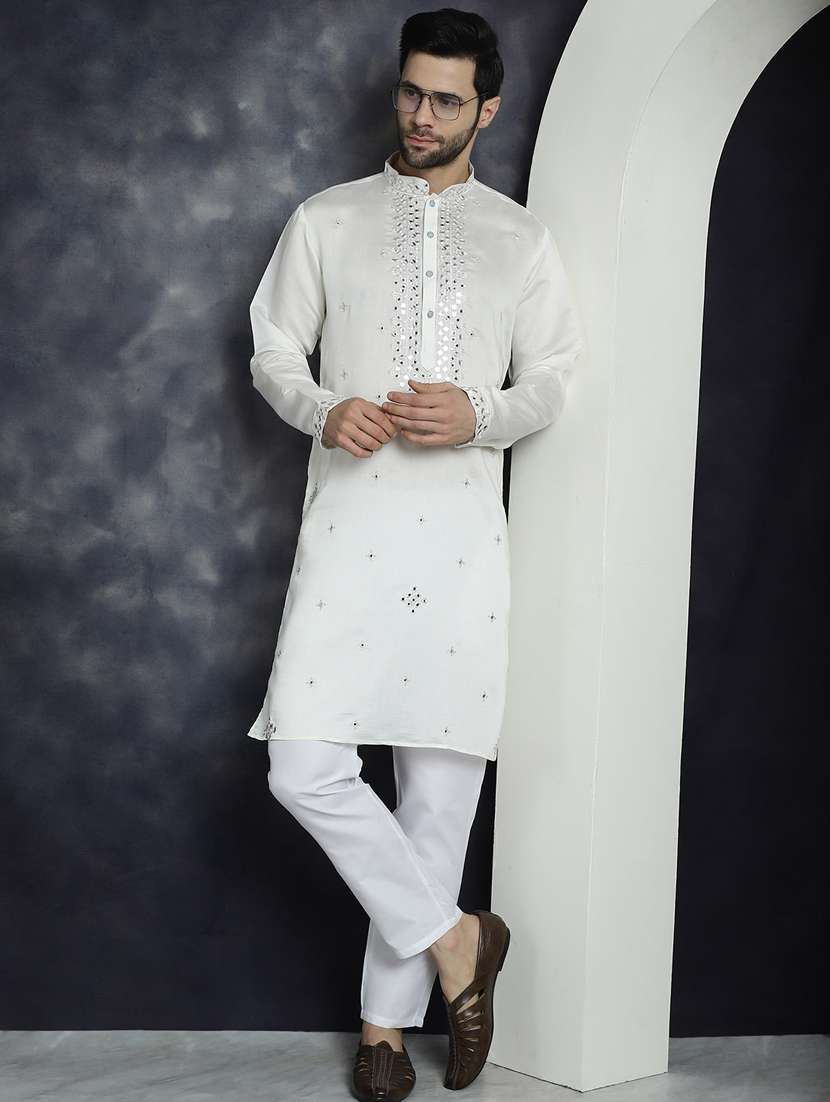 white silk blend kurta churidar ethnic wear set