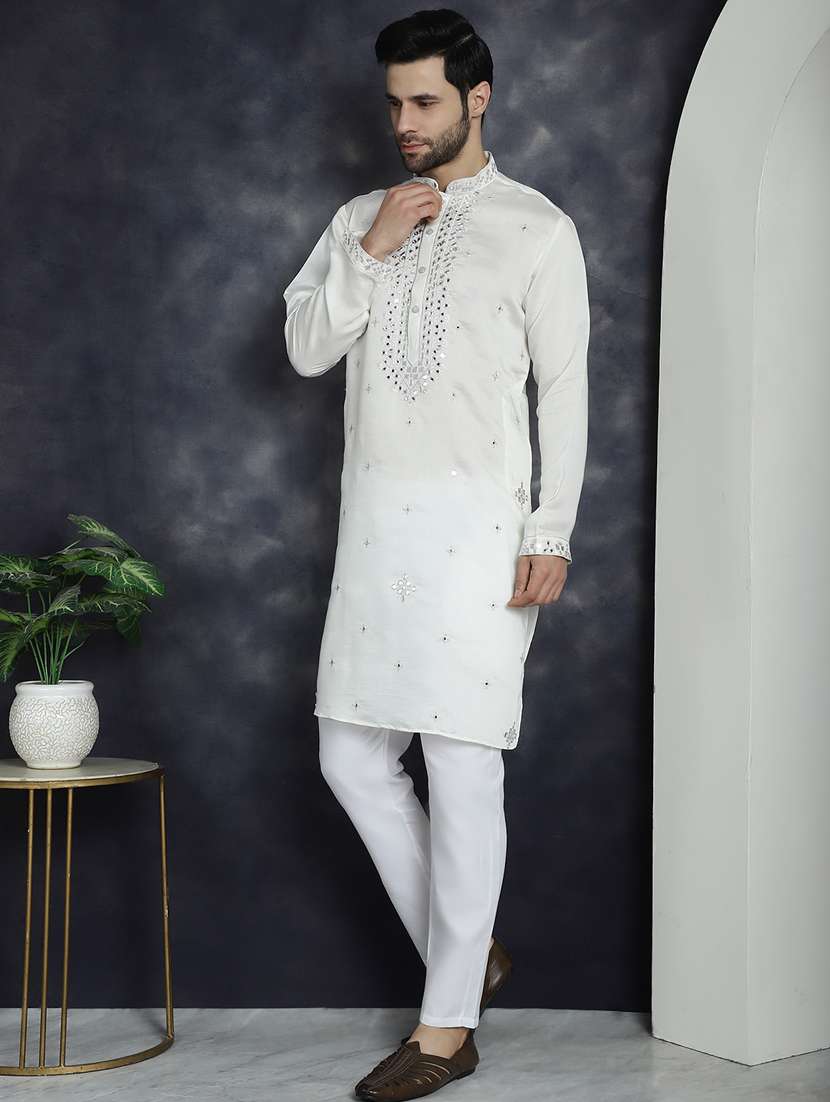 white silk blend kurta churidar ethnic wear set - 21018273 -  Standard Image - 1