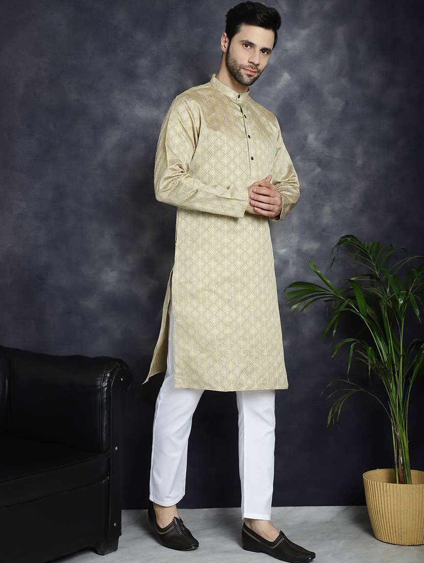 beige silk blend long kurta - 21018283 -  Standard Image - 1
