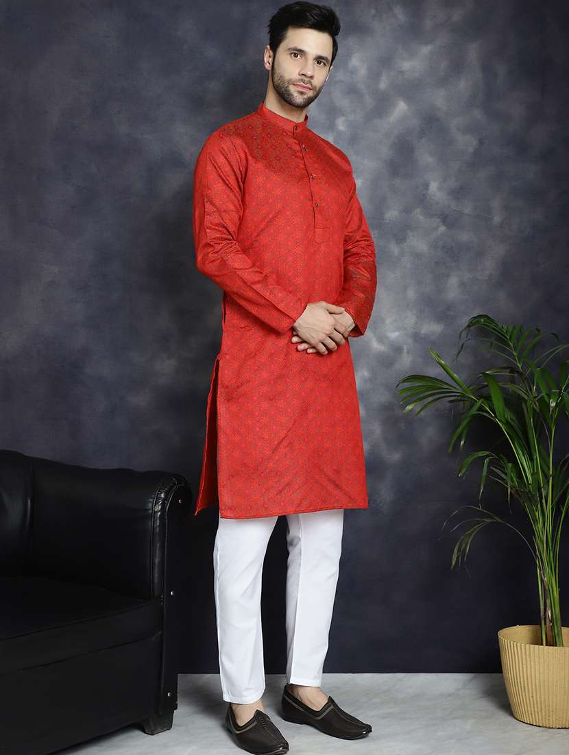 red silk blend long kurta - 21018284 -  Standard Image - 1