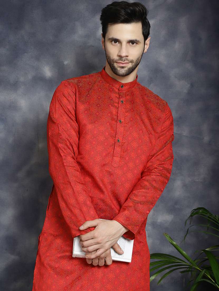 red silk blend long kurta - 21018284 -  Standard Image - 4