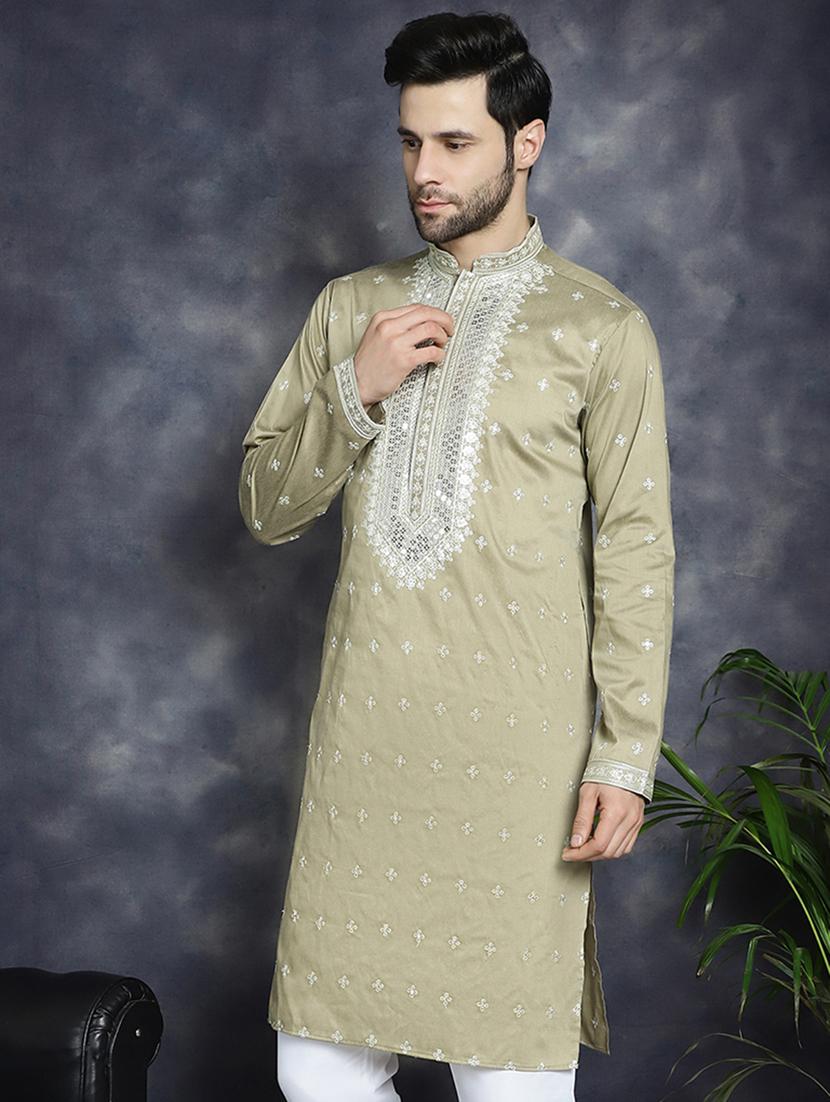 beige silk blend long kurta - 21018286 - Zoom Image - 0