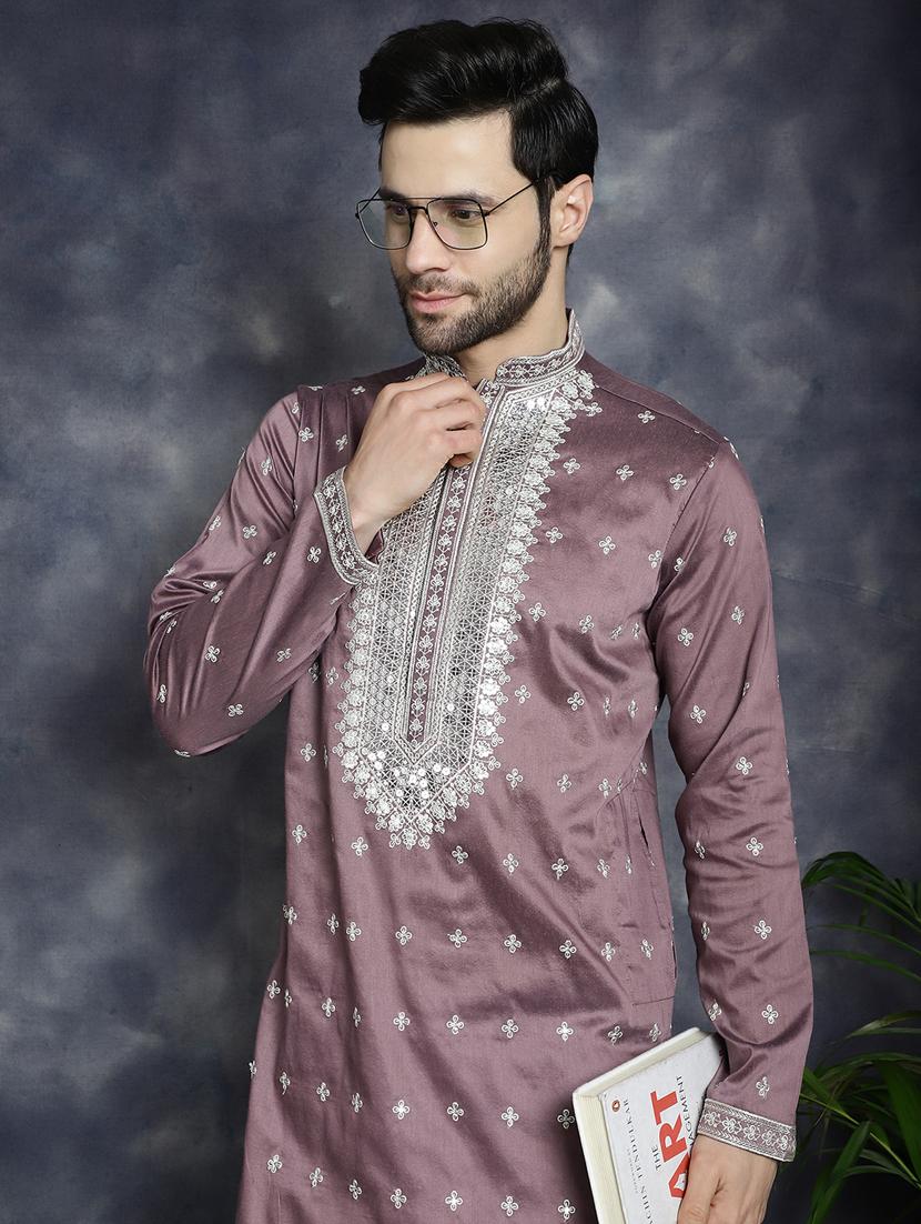 men solid with work mandarin neck long kurta - 21018288 - Standard Image - 1