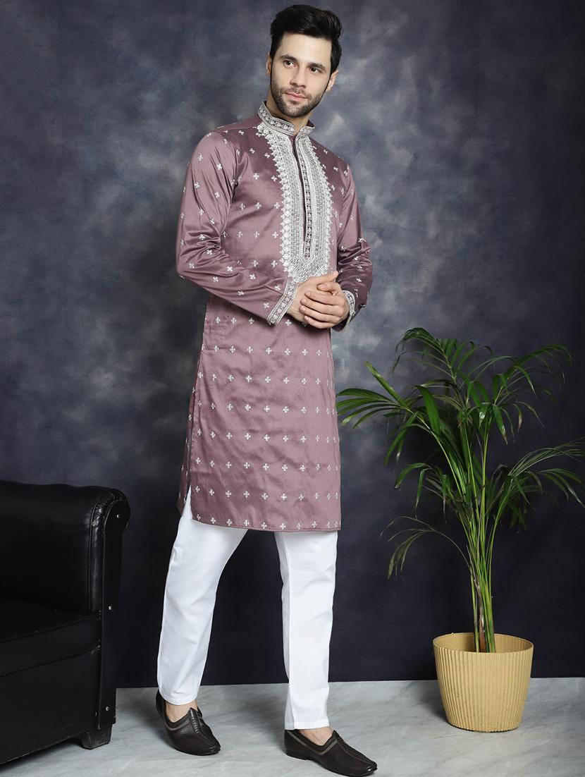 men solid with work mandarin neck long kurta - 21018288 - Standard Image - 4