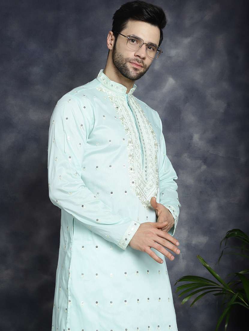 light blue silk blend long kurta - 21018292 -  Standard Image - 1