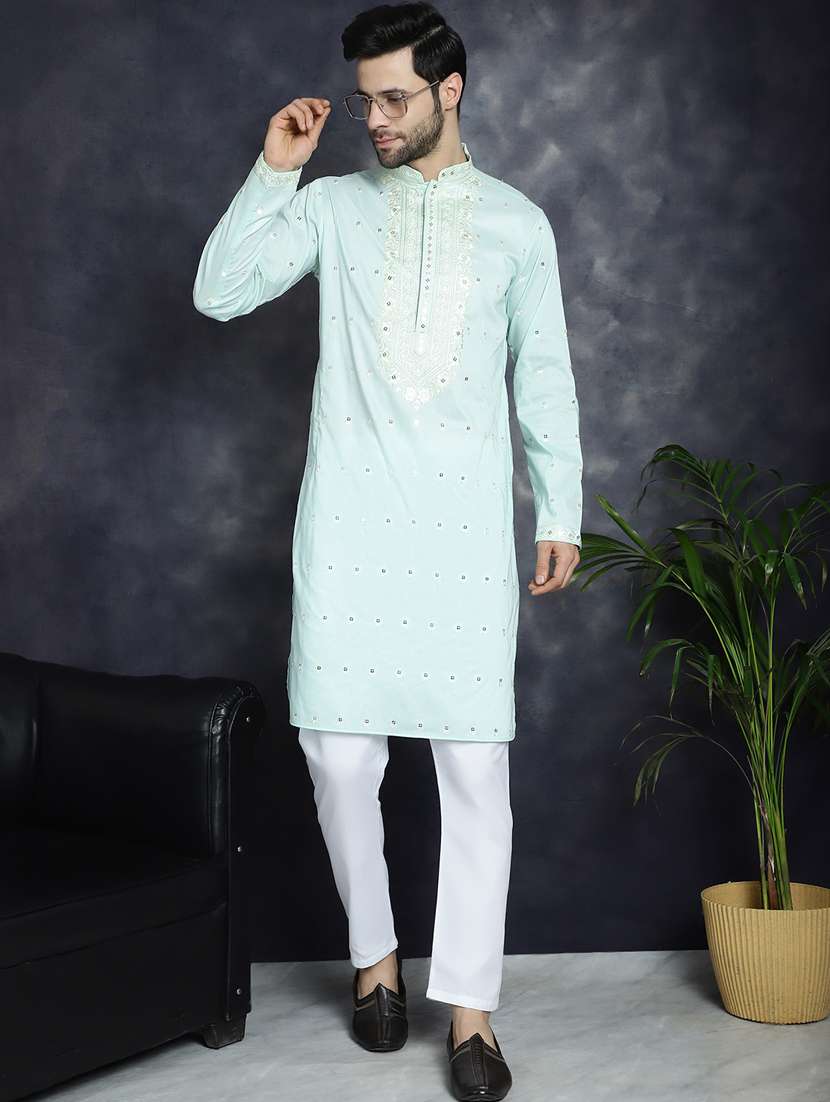 light blue silk blend long kurta - 21018292 -  Standard Image - 4