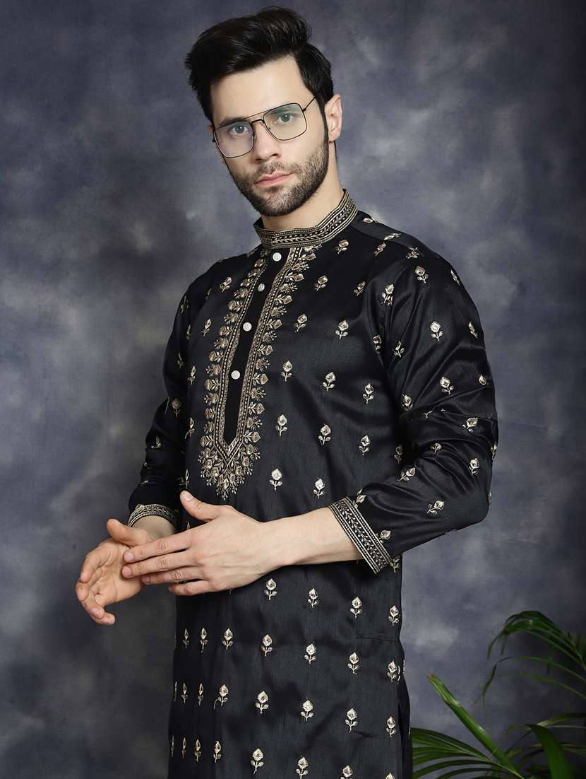 men solid with work mandarin neck long kurta - 21018294 -  Standard Image - 1