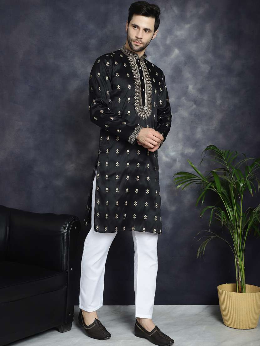 men solid with work mandarin neck long kurta - 21018294 -  Standard Image - 4