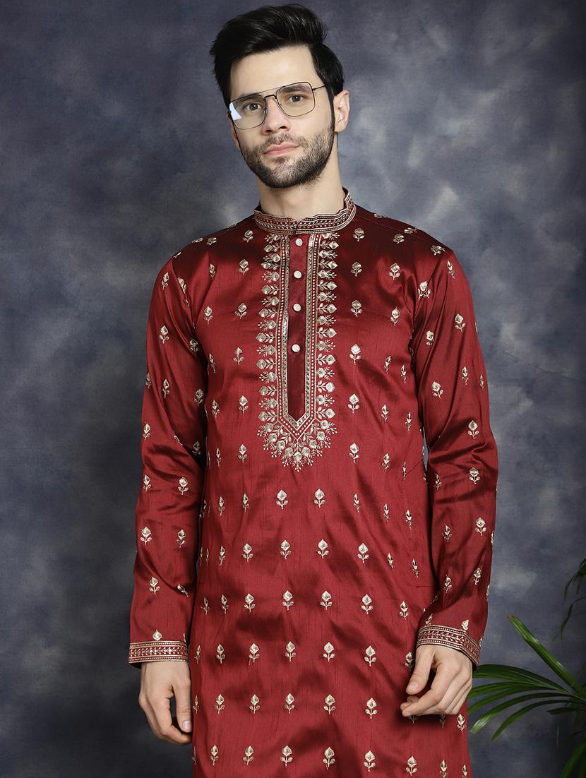 men solid with work mandarin neck long kurta - 21018295 - Standard Image - 1