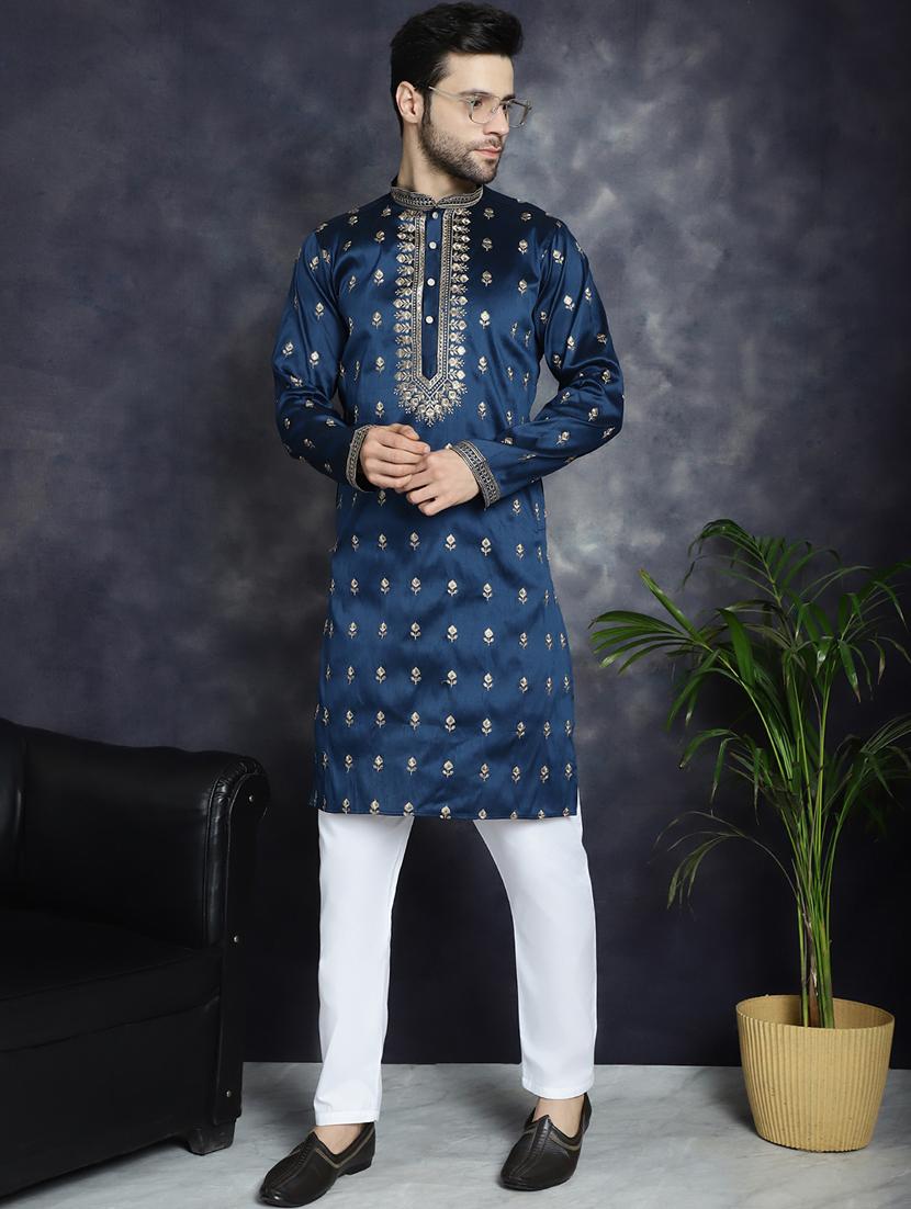 men solid with work mandarin neck long kurta - 21018296 - Standard Image - 4