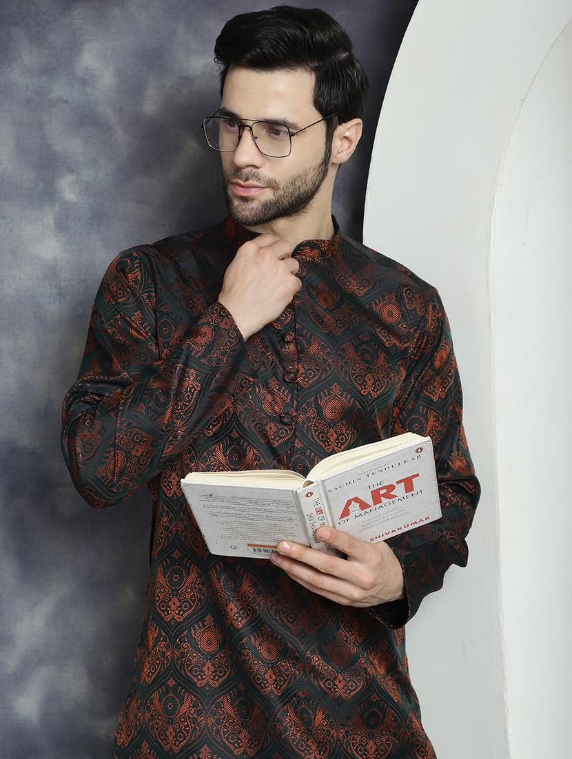 men bronze silk blend straight kurta - 21018298 - Standard Image - 1