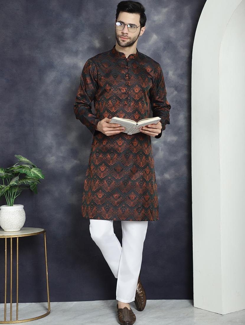 men bronze silk blend straight kurta - 21018298 - Standard Image - 4