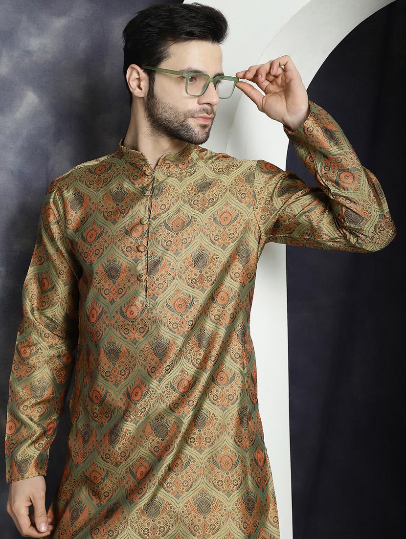 men golden silk blend straight kurta - 21018299 - Standard Image - 1