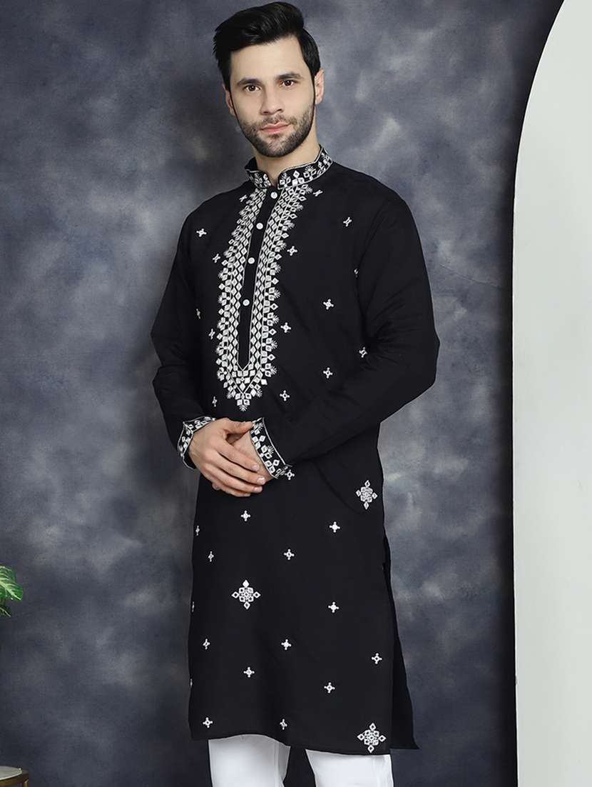 men solid with work mandarin neck long kurta