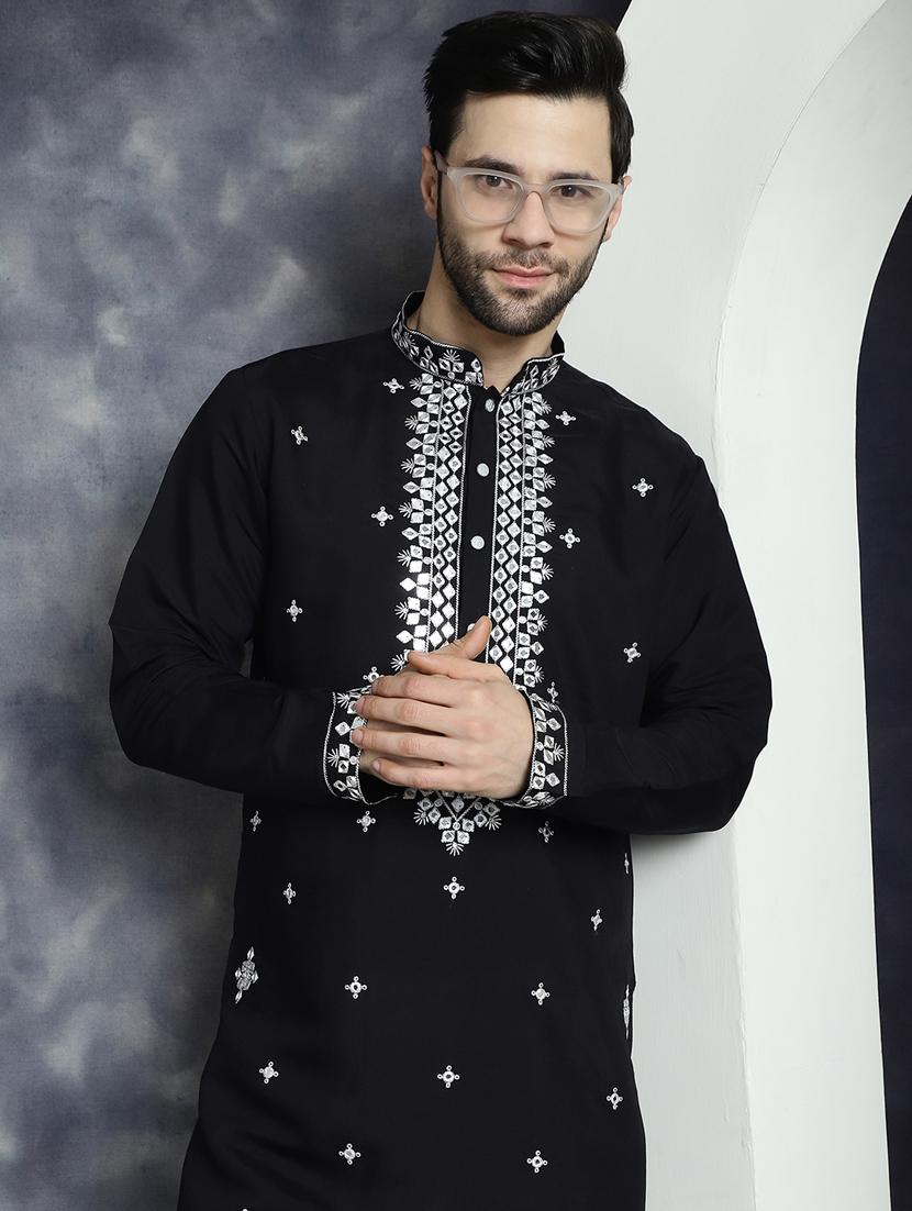 men solid with work mandarin neck long kurta - 21018306 - Standard Image - 1