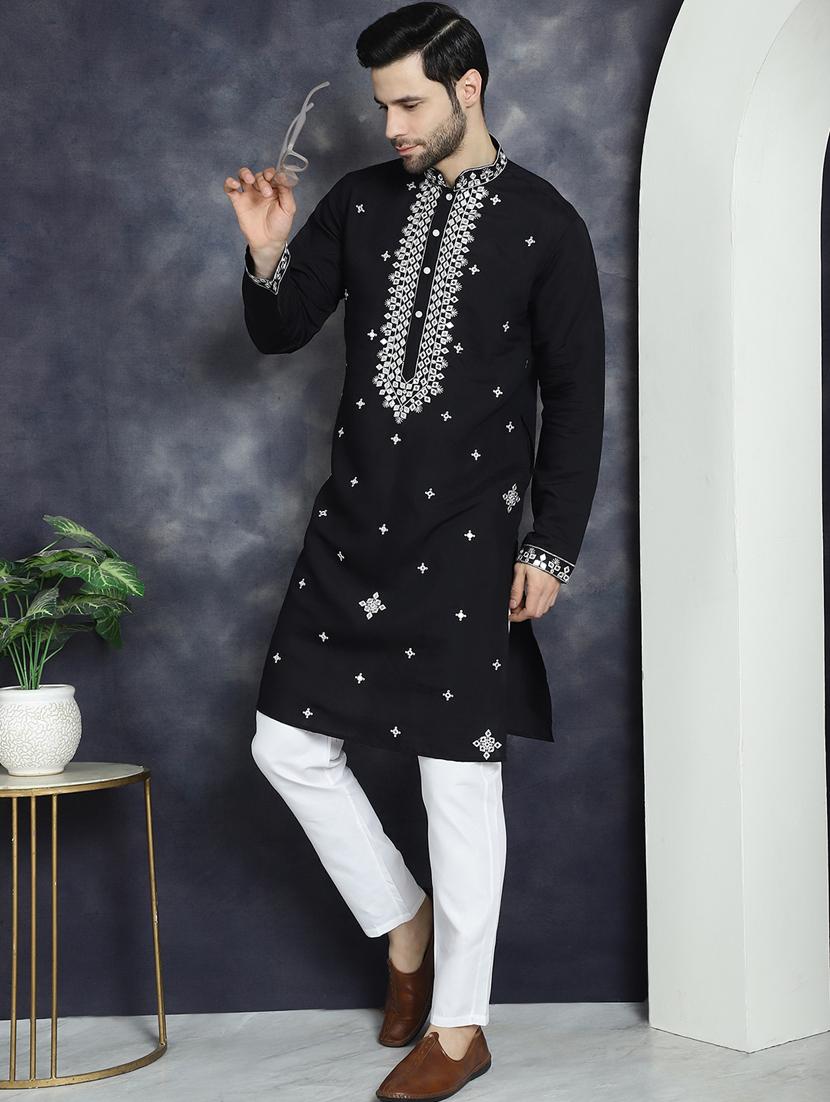 men solid with work mandarin neck long kurta - 21018306 - Standard Image - 4