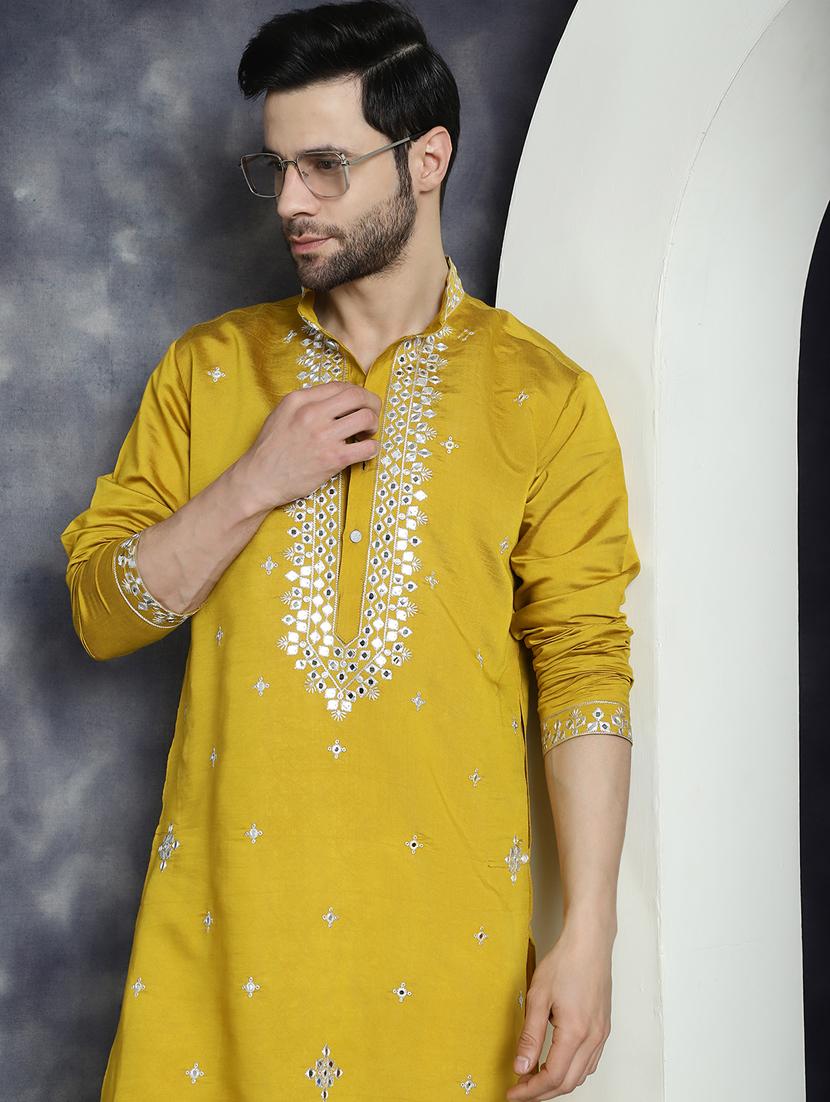 mustard silk blend long kurta - 21018307 - Standard Image - 1