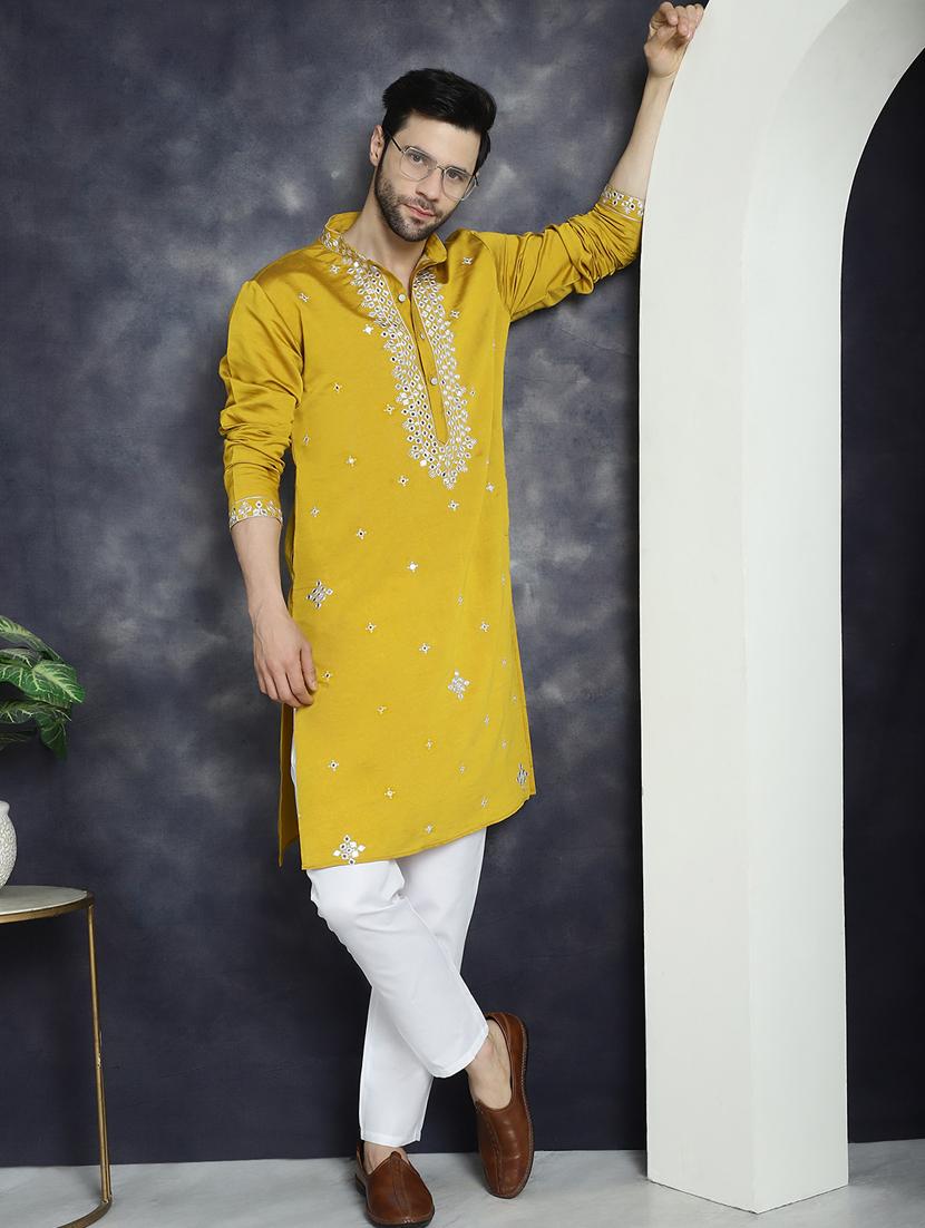 mustard silk blend long kurta - 21018307 - Standard Image - 4