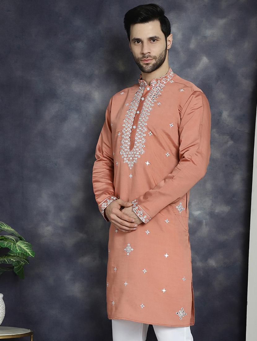 peach silk blend long kurta