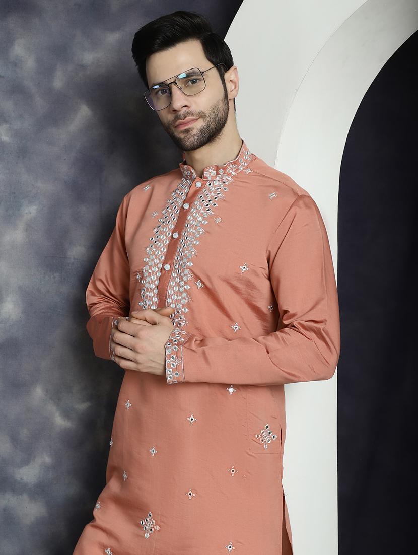 peach silk blend long kurta - 21018308 - Standard Image - 1