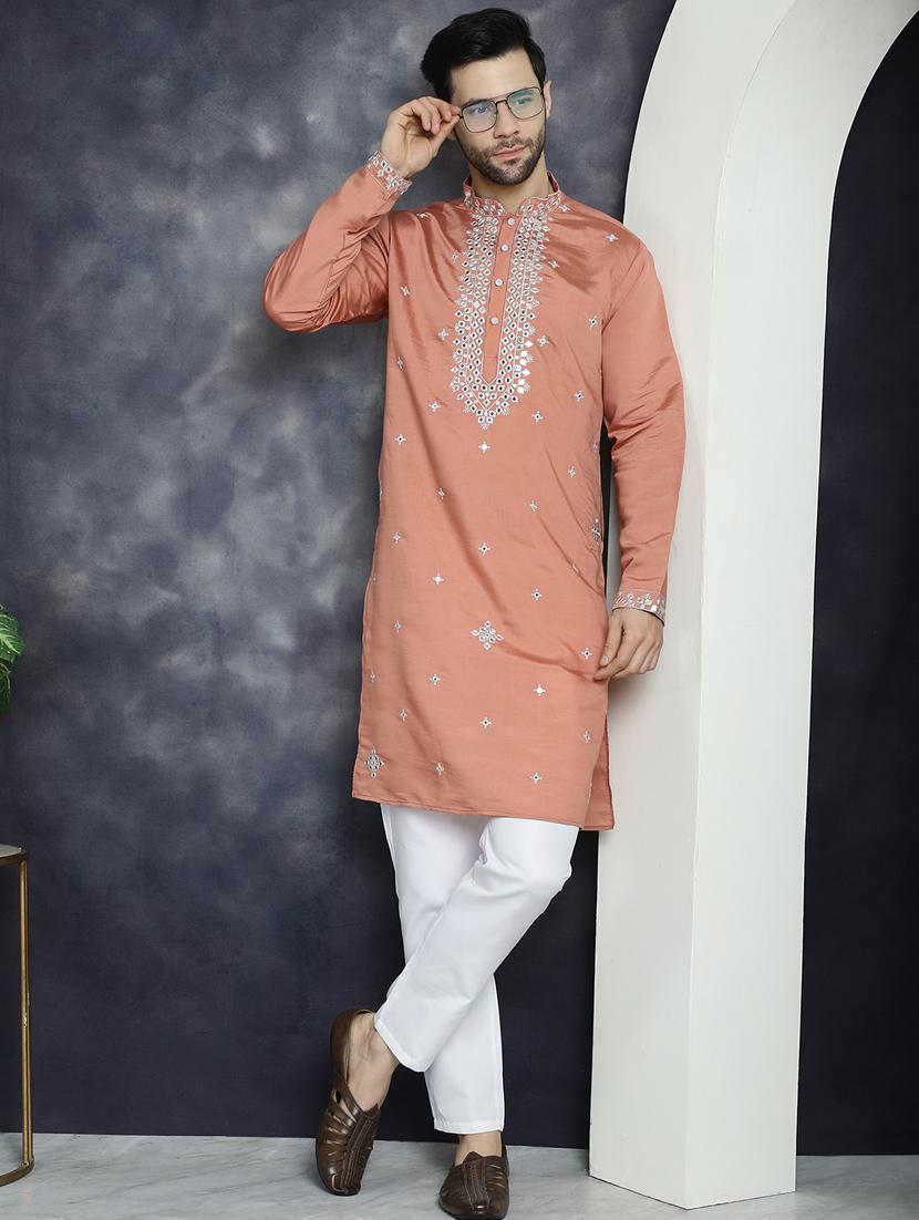 peach silk blend long kurta - 21018308 - Standard Image - 4