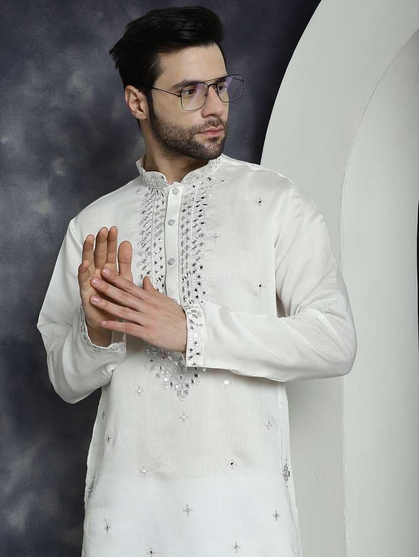 men solid with work mandarin neck long kurta - 21018309 -  Standard Image - 1